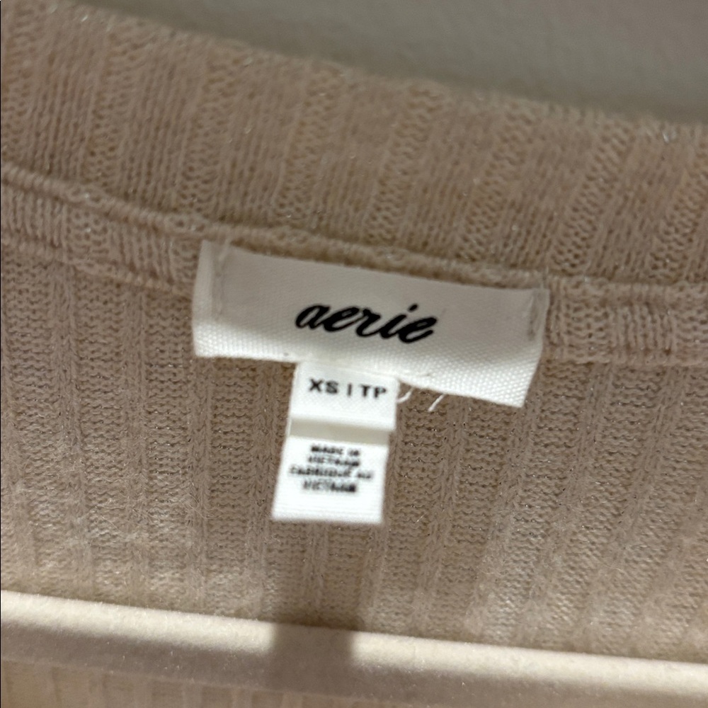 aerie Cream Ribbed Button-Down Long Sleeve Top - Picture 3 of 4
